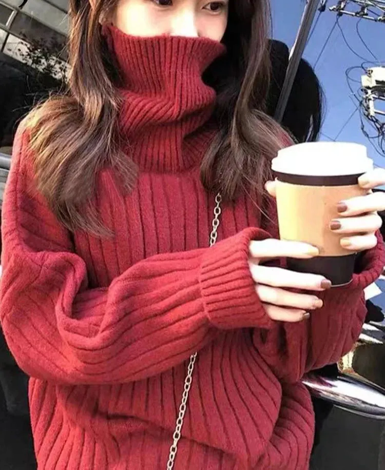 9 Colors Turtleneck Loose Sweater Women Autumn Winter Knitted Top Solid Color Pullovers Long Sleeve Casual Blue Sweaters