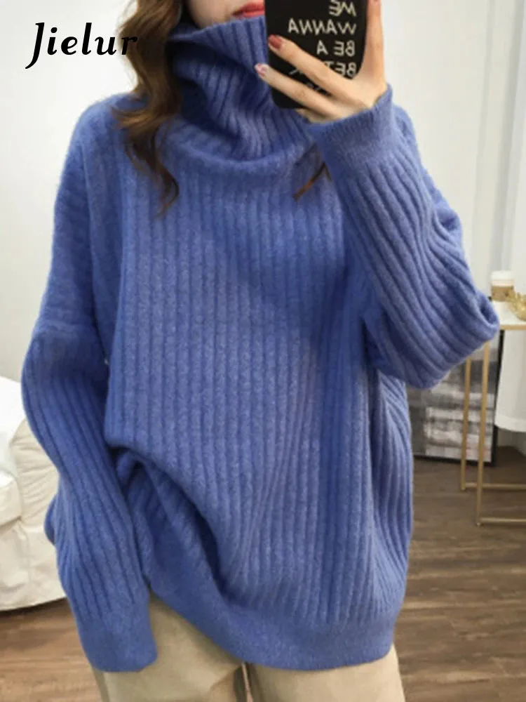 9 Colors Turtleneck Loose Sweater Women Autumn Winter Knitted Top Solid Color Pullovers Long Sleeve Casual Blue Sweaters