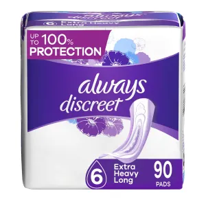 Always Discreet Incontinence Pads, Extra Heavy Absorbency, Long Length, 90 CT