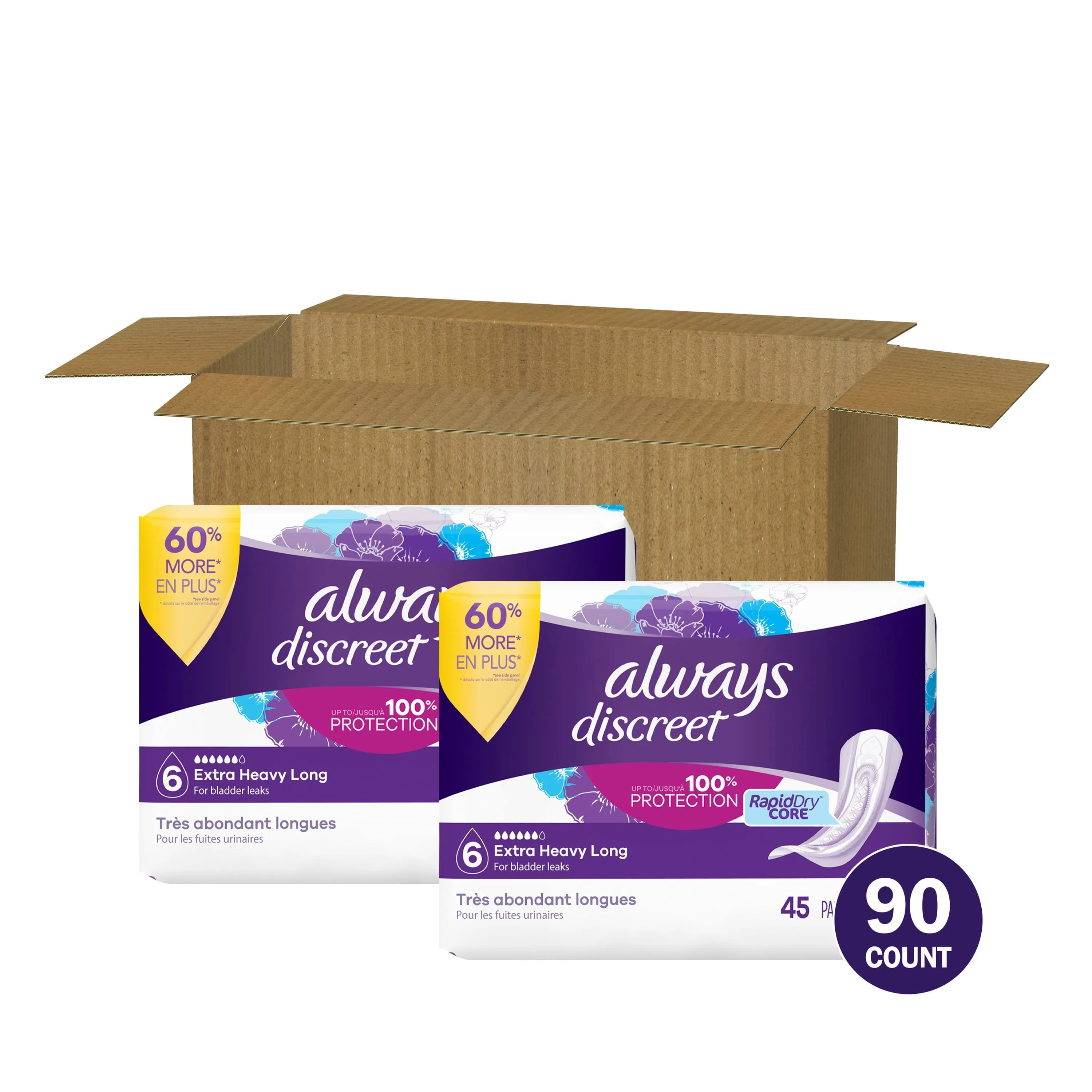 Always Discreet Incontinence Pads, Extra Heavy Absorbency, Long Length, 90 CT