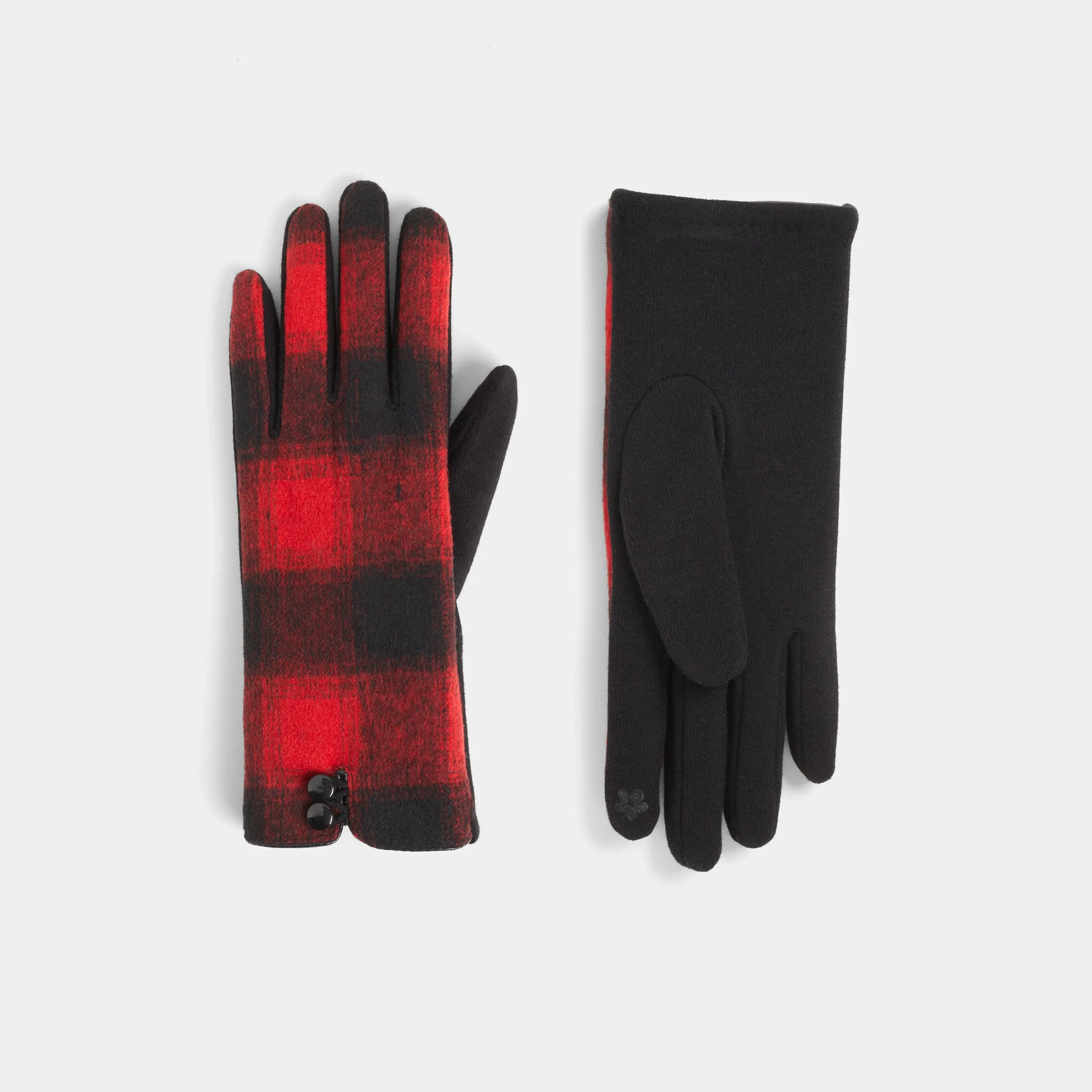 Button Top Plaid Touchscreen Gloves - Red Plaid