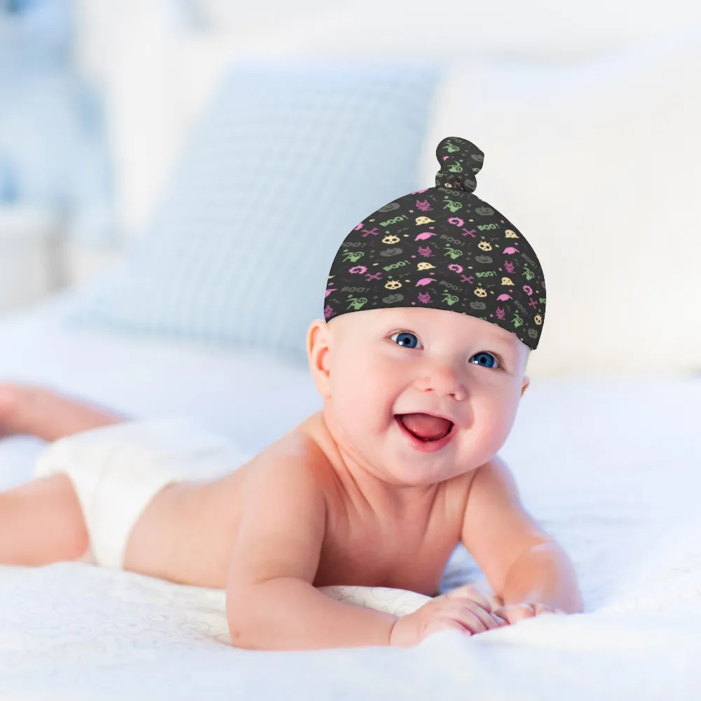 Cozy Polar Fleece Top Knot Baby Beanie: Spooky Halloween Boo