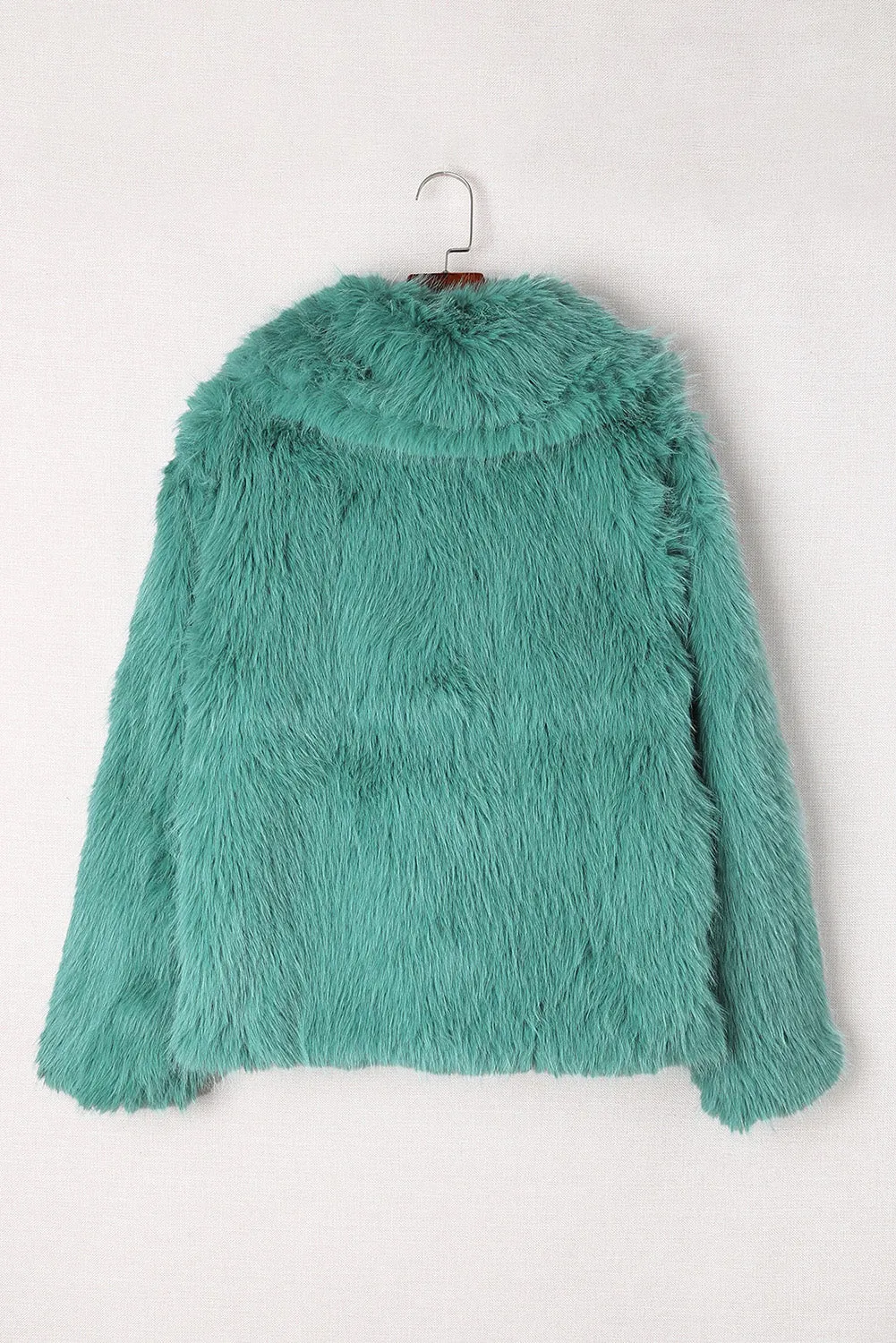 Green Collared Side Pockets Winter Fuzzy Coat