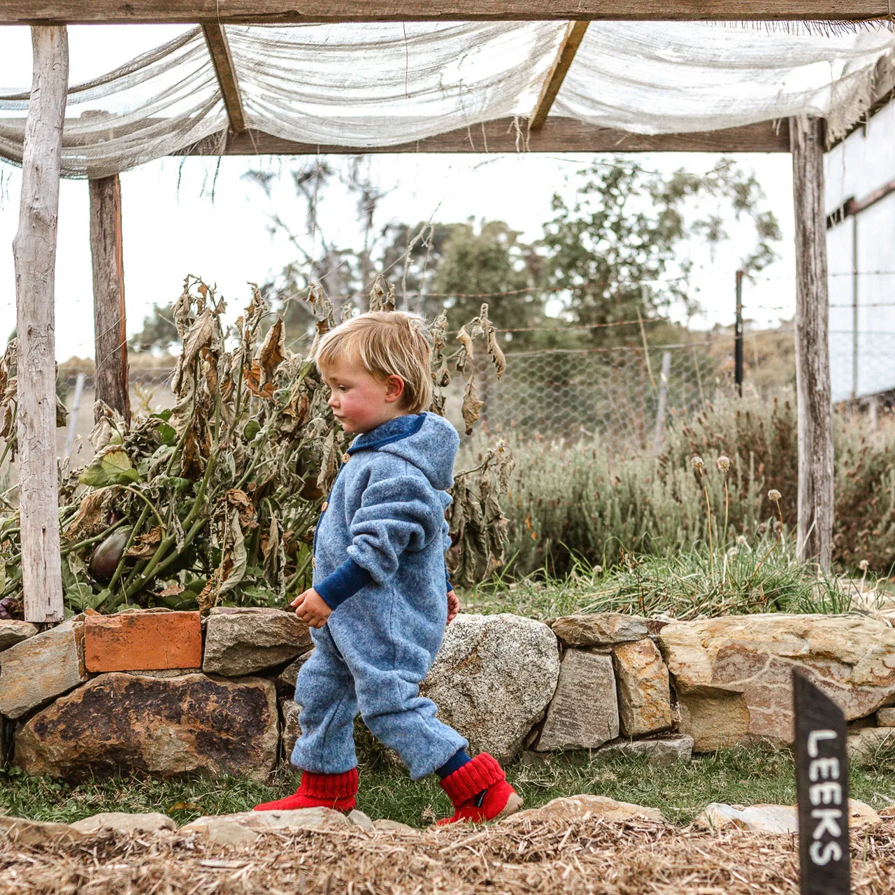 Hooded Overalls - Organic Wool/Cotton Fleece - Blue Melange (6m-3y)