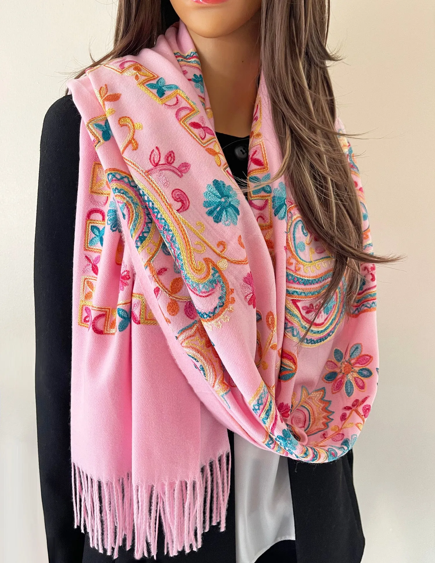 LARGE PINK COLOURFUL PAISLEY CASHMERE COTTON BLEND WINTER SHAWL BLANKET SCARF