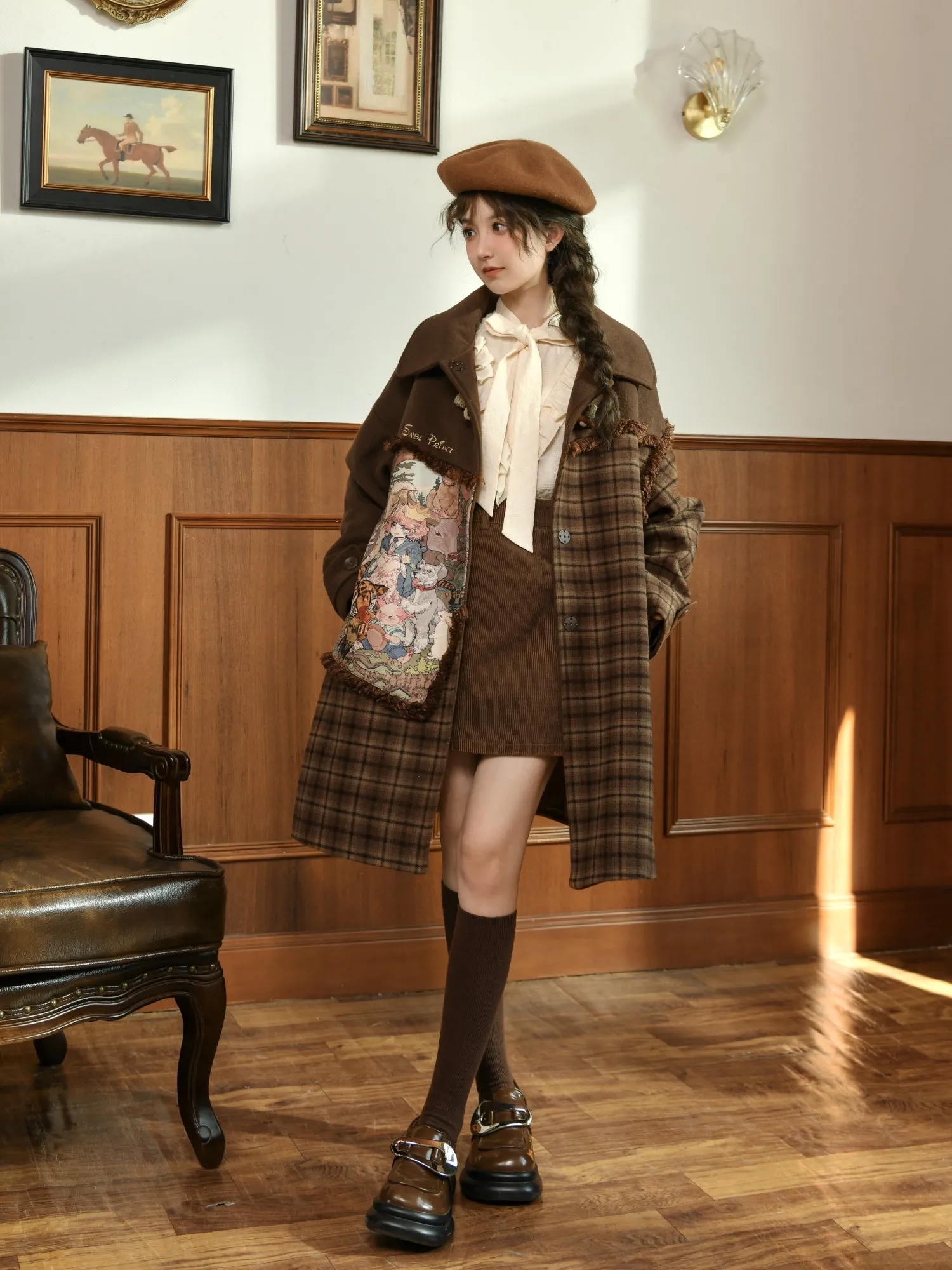 Maillard Plaid Stitched Loose Fit Oil Painting Drape Coat