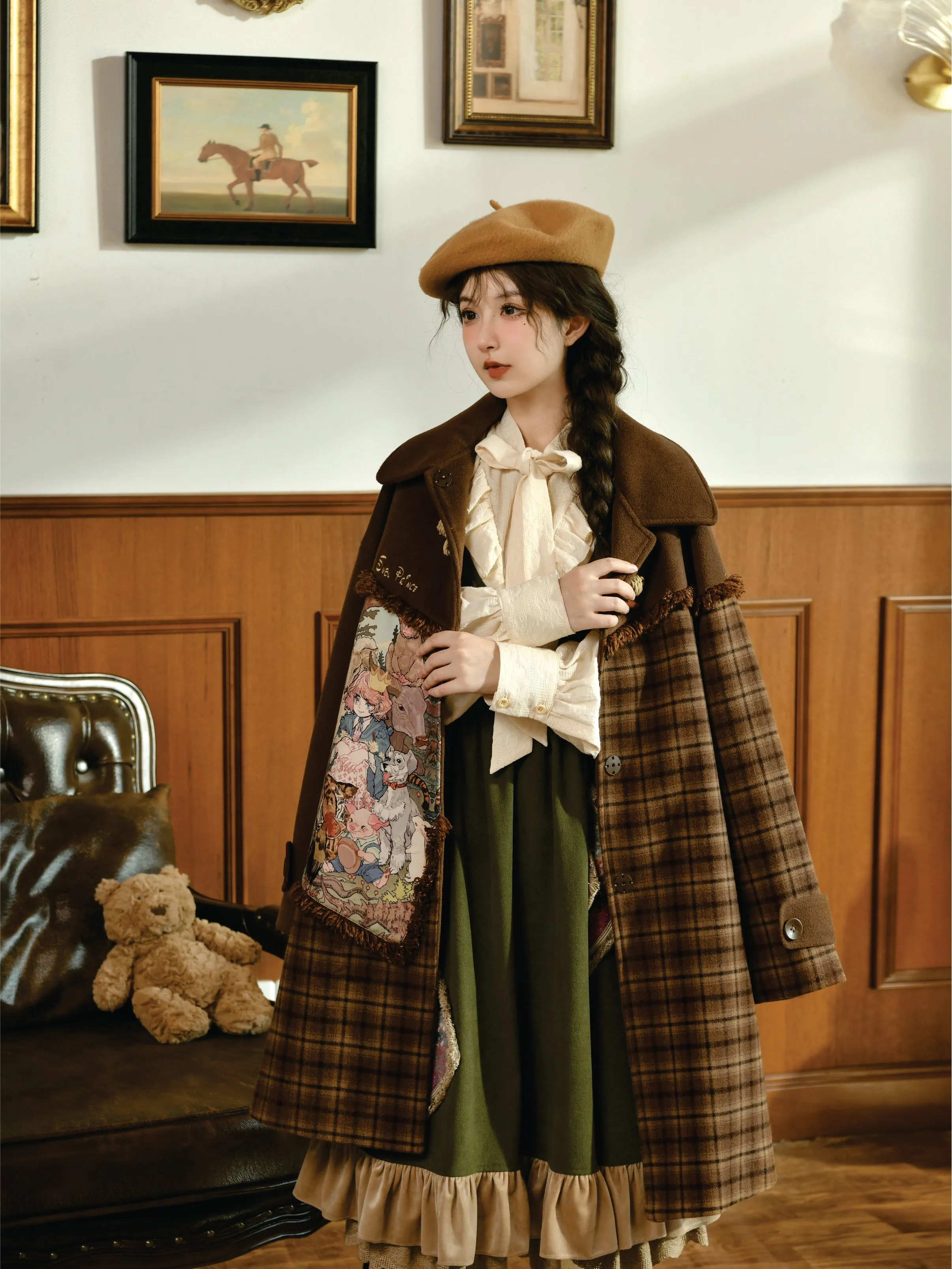 Maillard Plaid Stitched Loose Fit Oil Painting Drape Coat