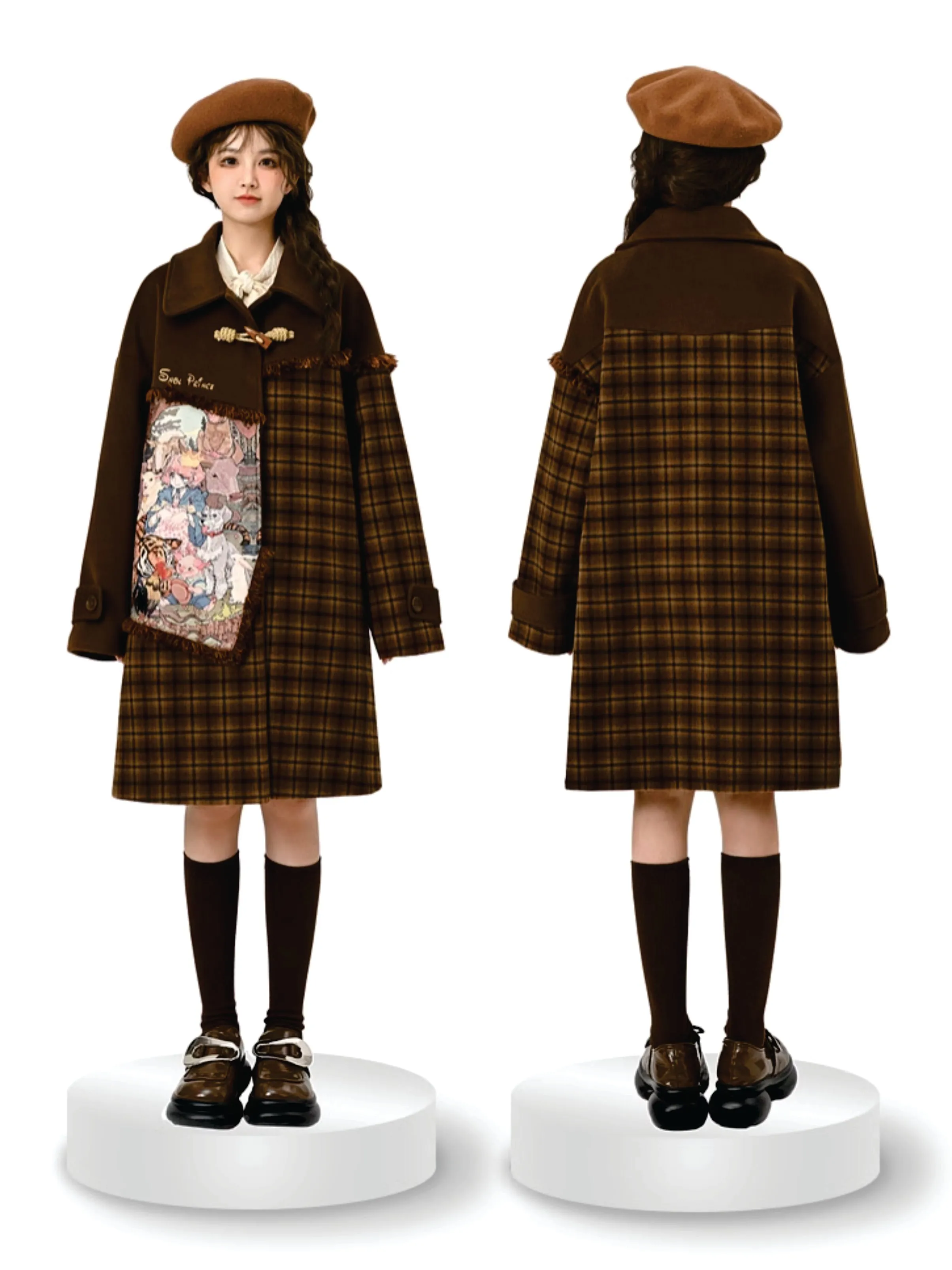 Maillard Plaid Stitched Loose Fit Oil Painting Drape Coat