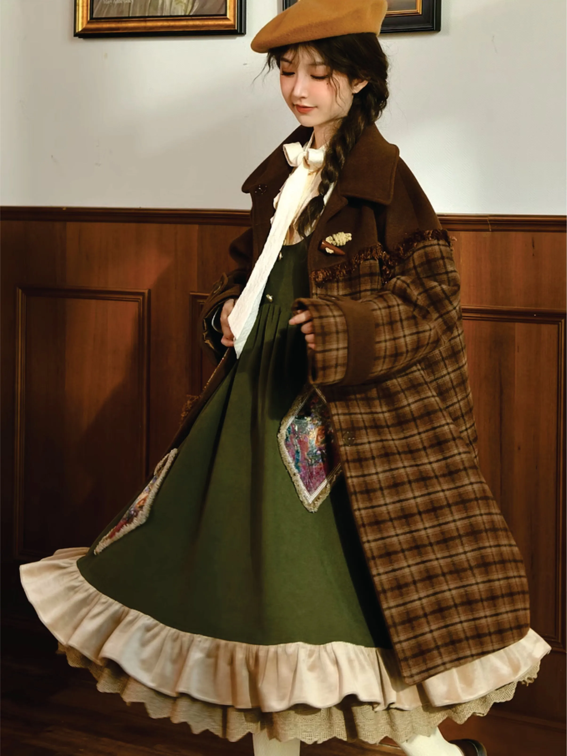 Maillard Plaid Stitched Loose Fit Oil Painting Drape Coat