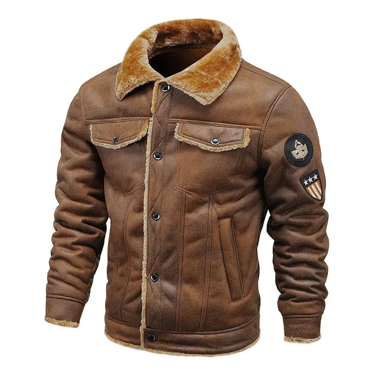 Men’s Vintage Distressed Brown Genuine Sheepskin Sherpa Shearling Faux Fur Lined Turn-Down Collar Winter Warm Fashionable Casual Classic Leather Jacket