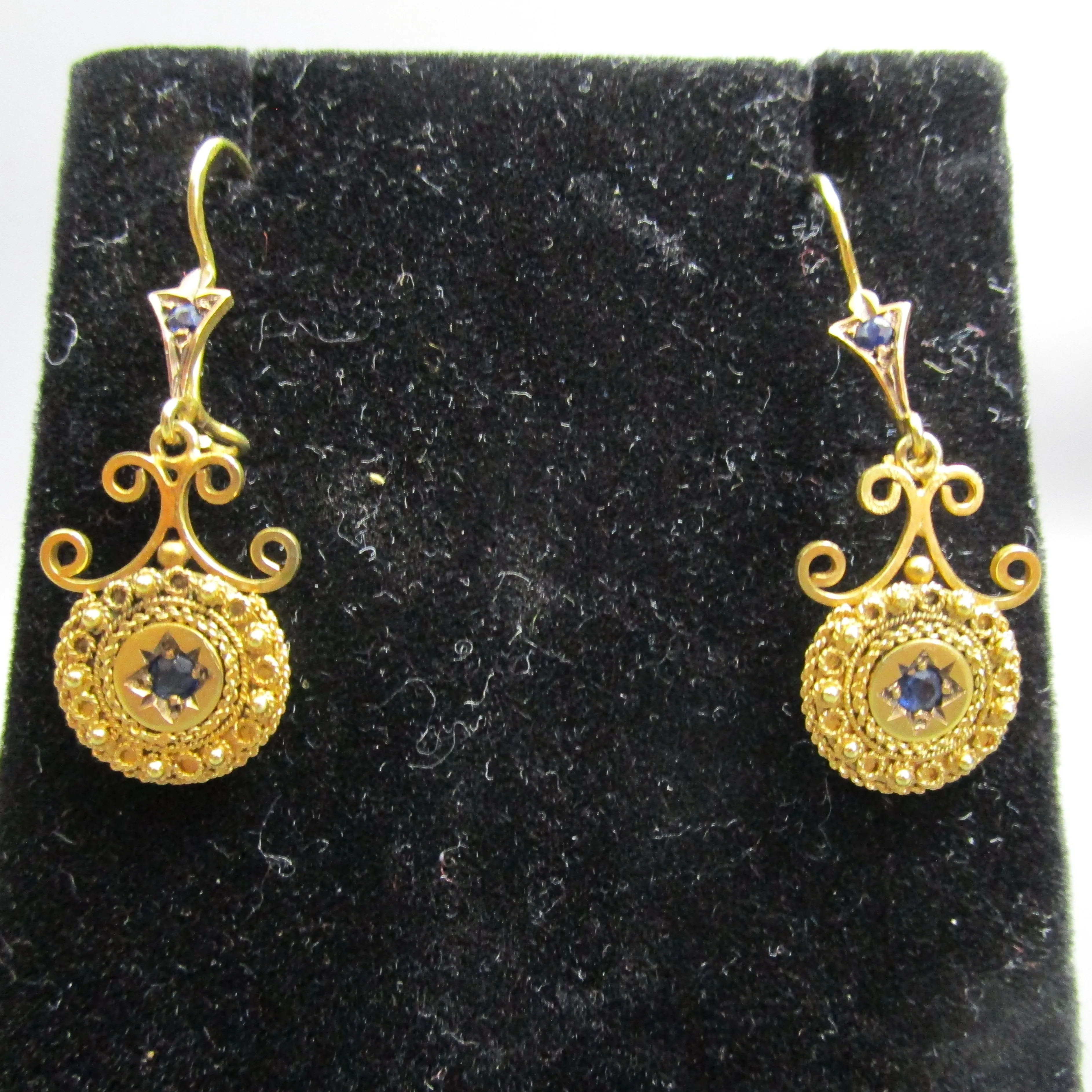 Pair Of Egyptian 14kt Gold Sapphire Set Etruscan Style Drop Earrings Vintage Circa 1980's