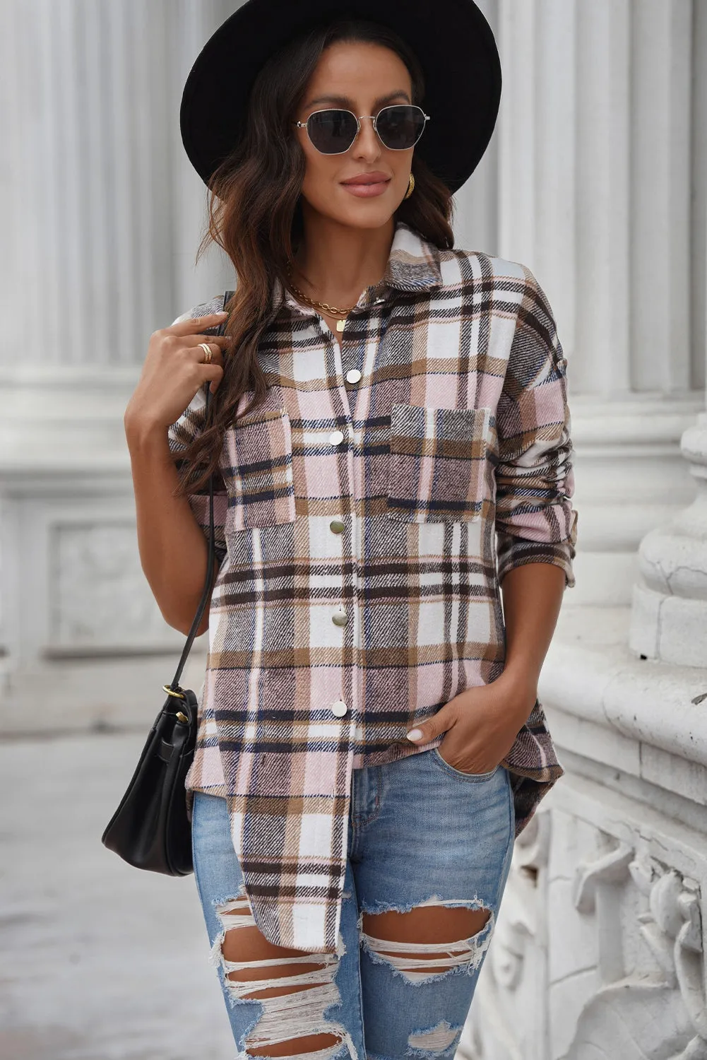 Plaid Curved Hem Dropped Shoulder Longline Shirt Jacket