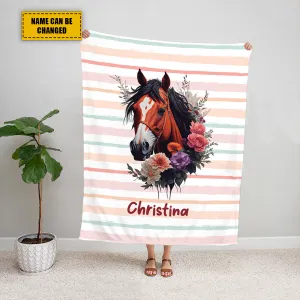 Teesdily | Customized Horse Flower Striped Pattern Fleece Blanket Throw Love Riding Horse Warm Throw Blanket Christmas Gift For Horse Lovers