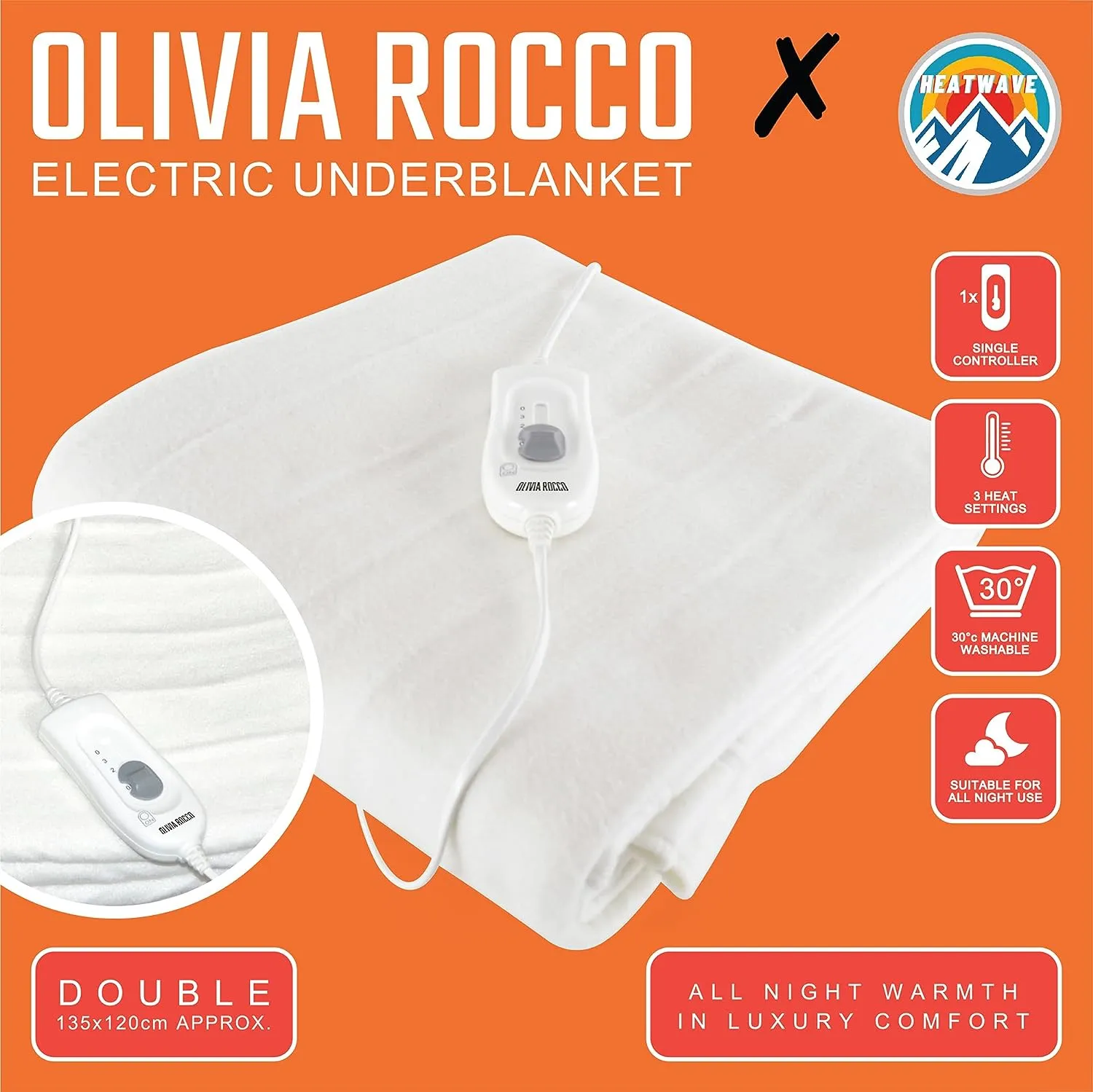 Ultra Soft Electric Heated Underblanket with with Adjustable Heat Settings & Overheat Protection in Single Double King Sizes by OLIVIA ROCCO