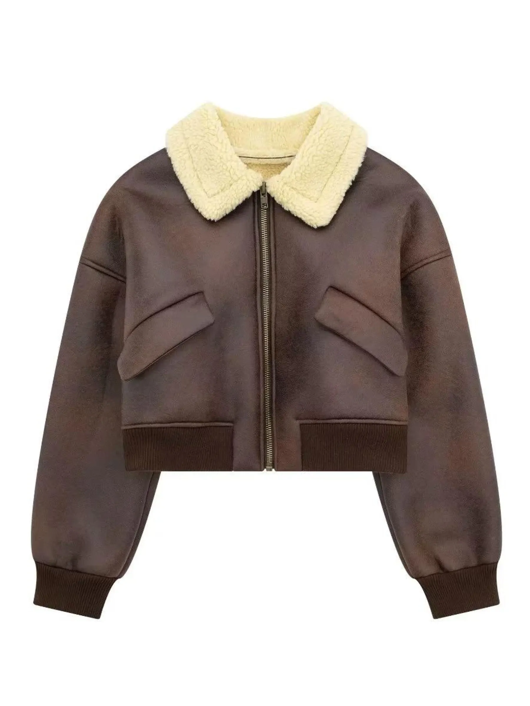 Wenkouban-Winter Outfits Christmas Cecily Faux Leather Crop Jacket