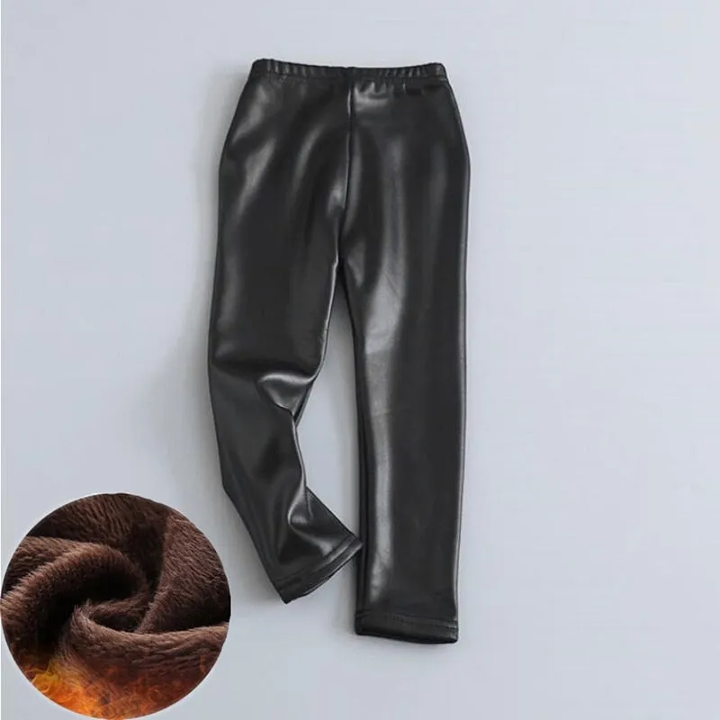 Winter Thick Velvet Pencil Faux PU Leather Legging For Girls