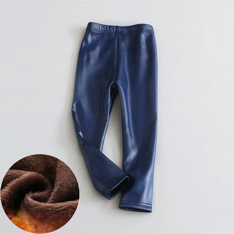 Winter Thick Velvet Pencil Faux PU Leather Legging For Girls