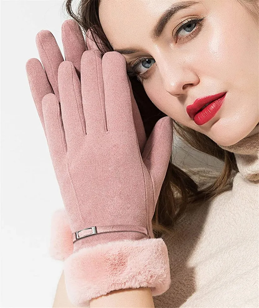 Women Winter Gloves Warm Ladies Touch Screen Gloves Suede Buckle