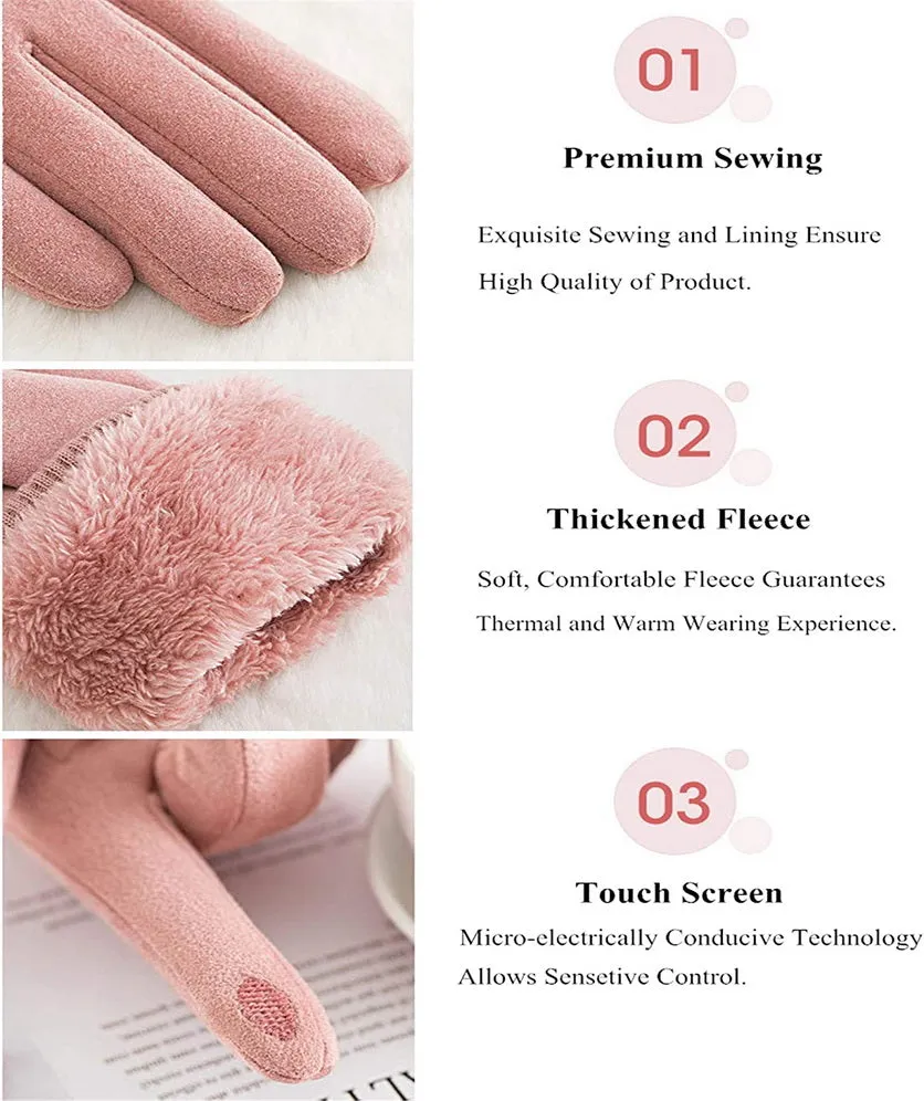 Women Winter Gloves Warm Ladies Touch Screen Gloves Suede Buckle