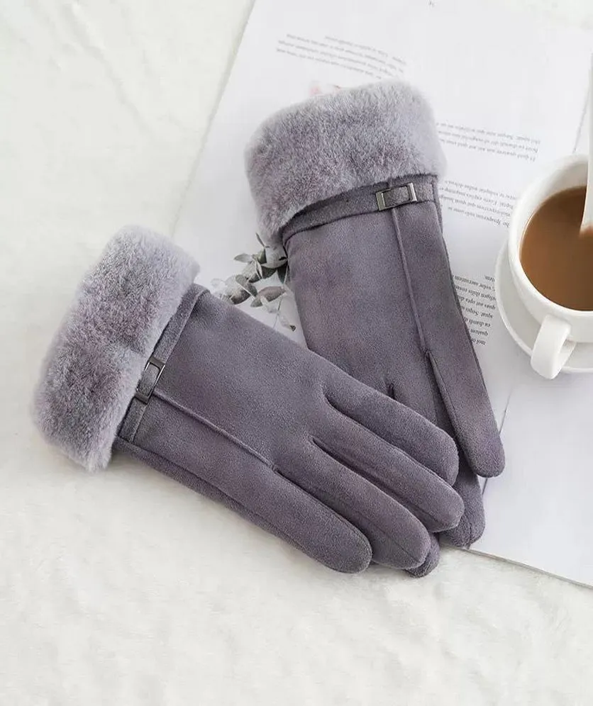 Women Winter Gloves Warm Ladies Touch Screen Gloves Suede Buckle