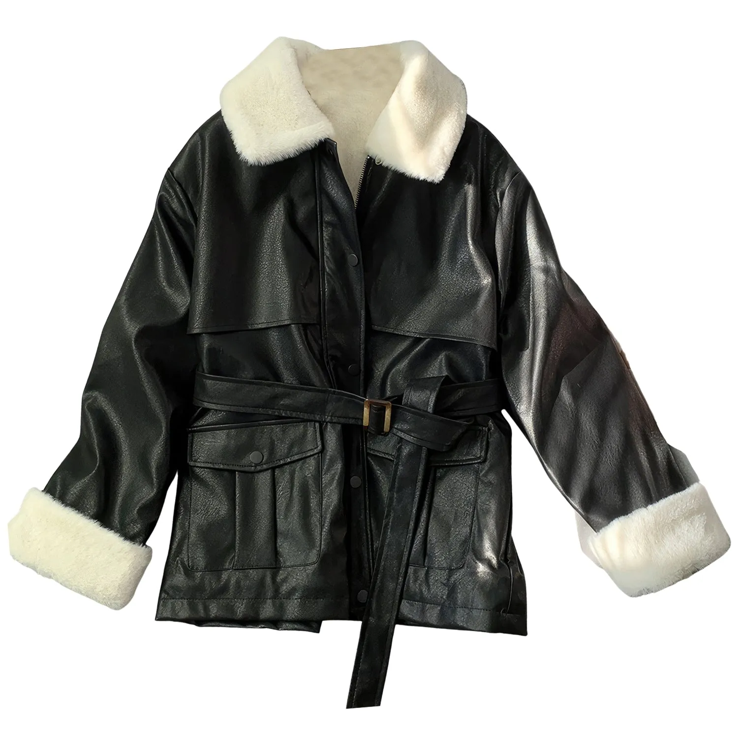 Women’s Black Genuine Sheepskin Sherpa Shearling Faux Fur Lined Belted Winter Warm Casual Fashion Loose Leather Jacket