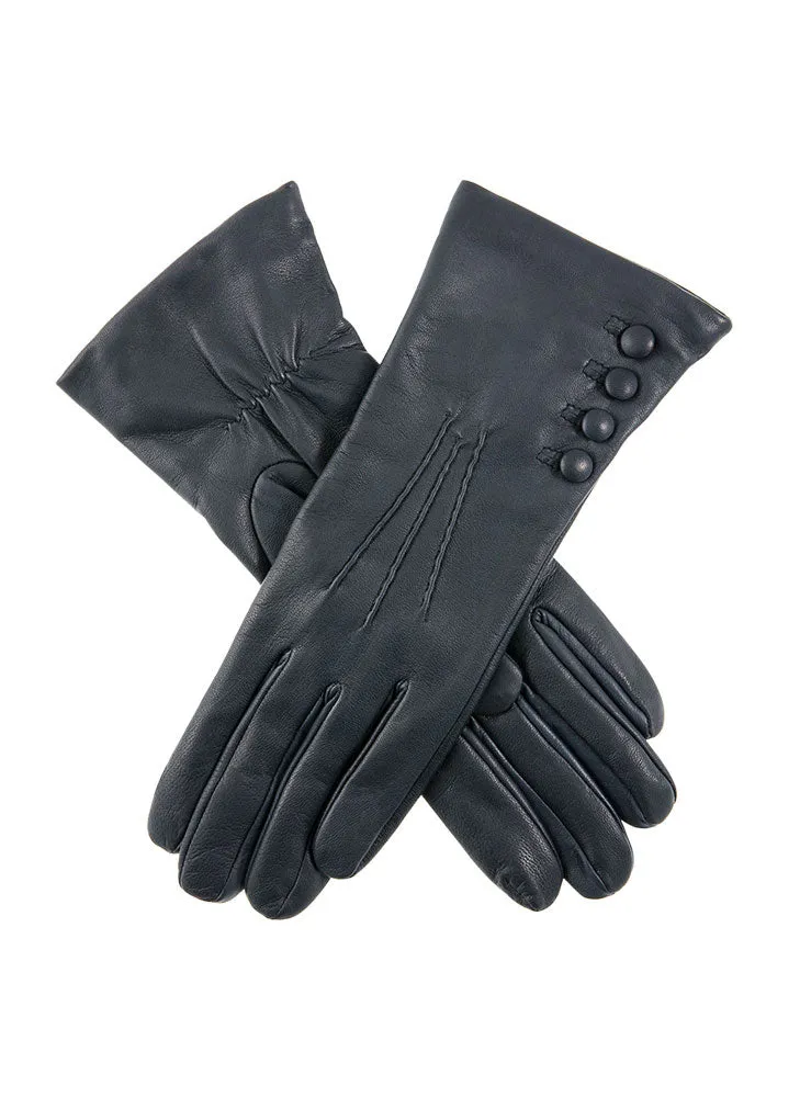 Women’s Touchscreen Three-Point Cashmere-Lined Leather Gloves with Buttons