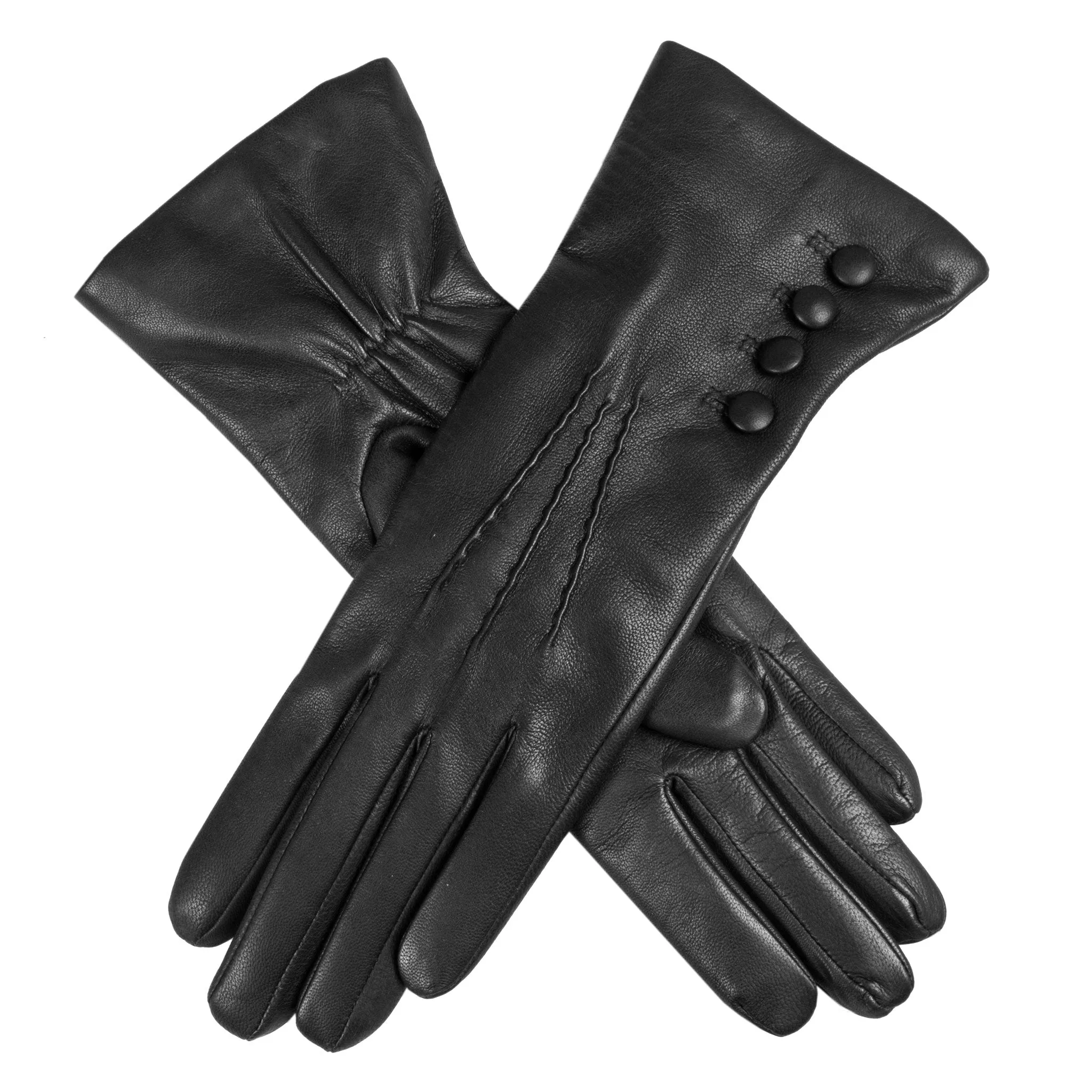 Women’s Touchscreen Three-Point Cashmere-Lined Leather Gloves with Buttons