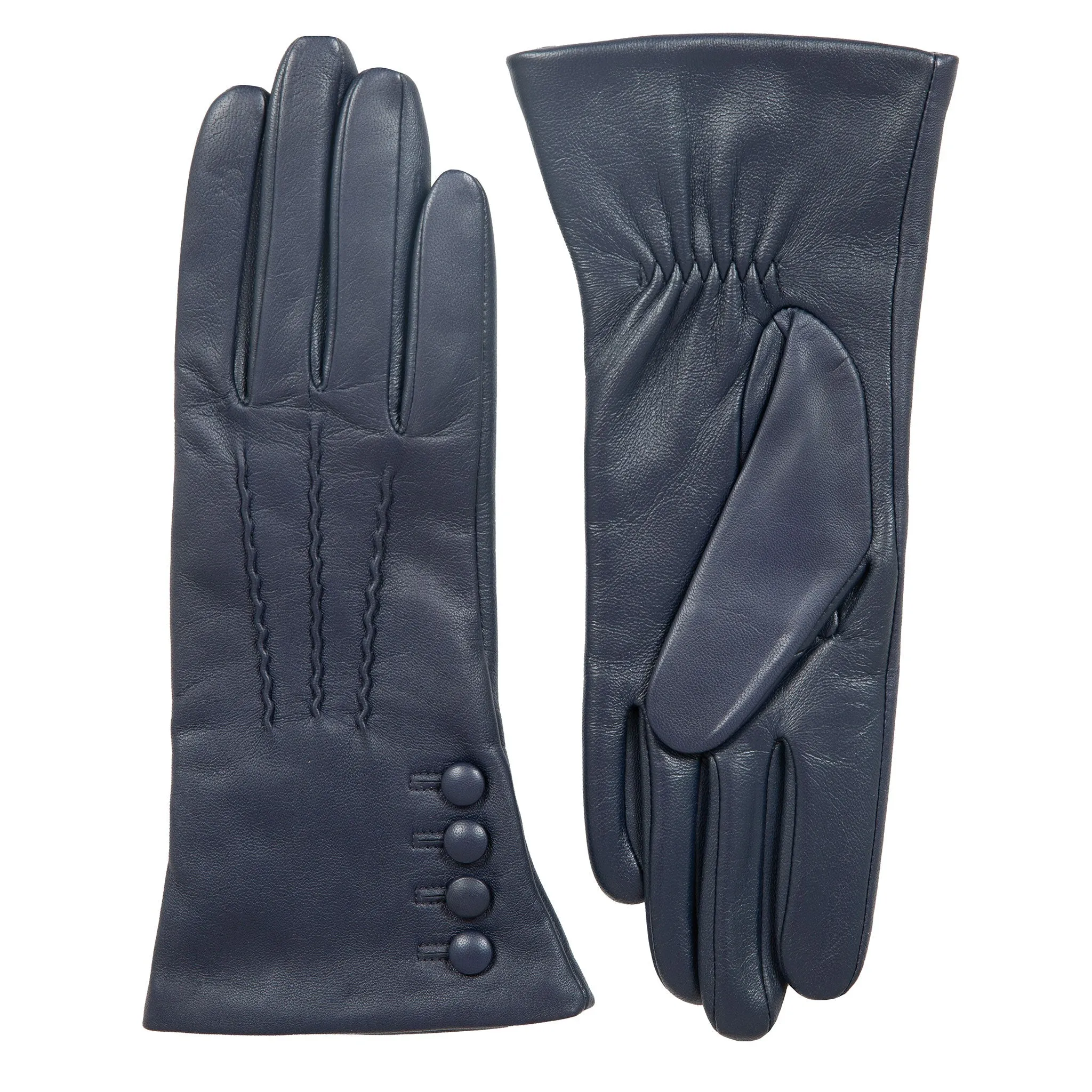 Women’s Touchscreen Three-Point Cashmere-Lined Leather Gloves with Buttons