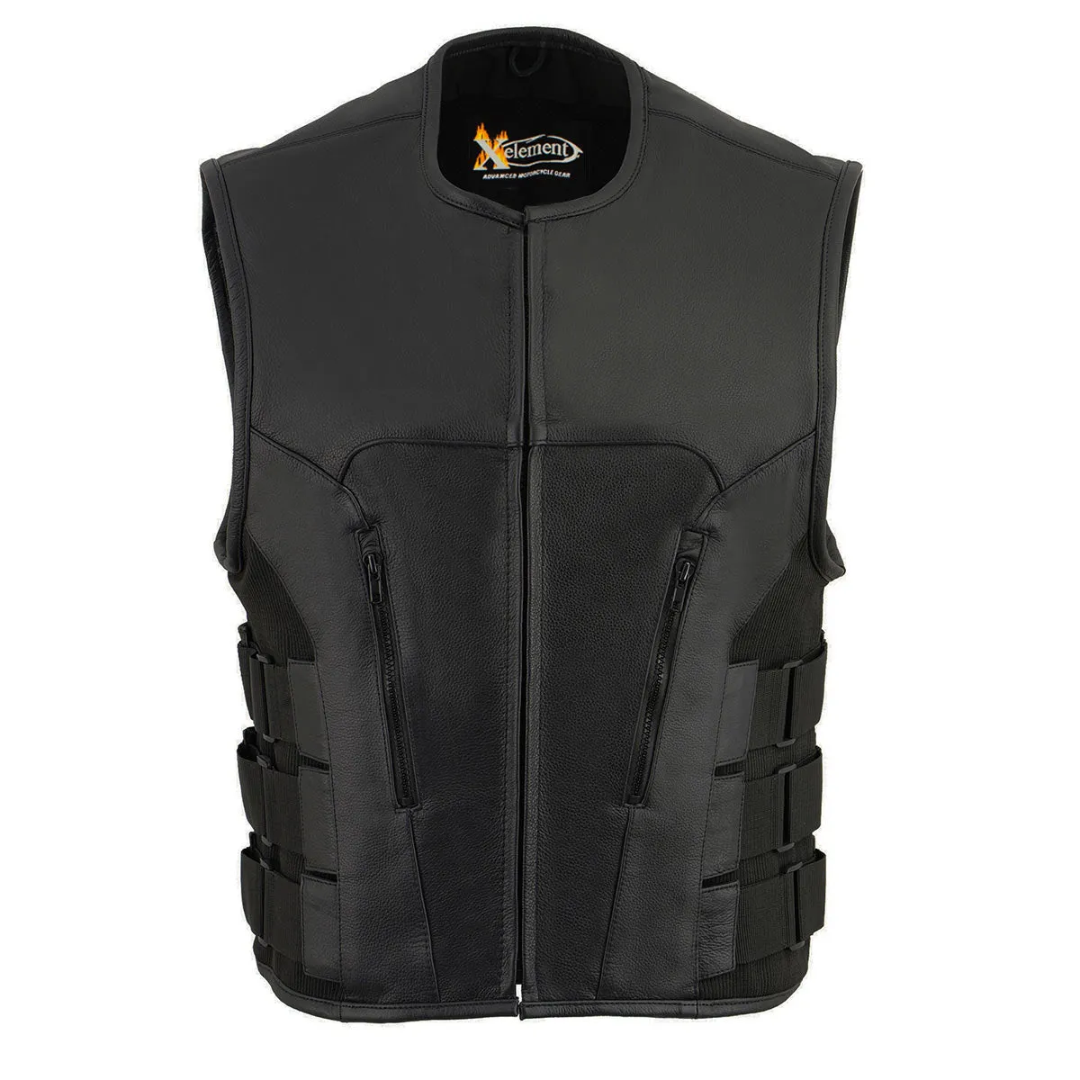 Xelement B95080 Men's ‘Creeper' Black Advanced Triple Strap Design Leather Motorcycle Vest